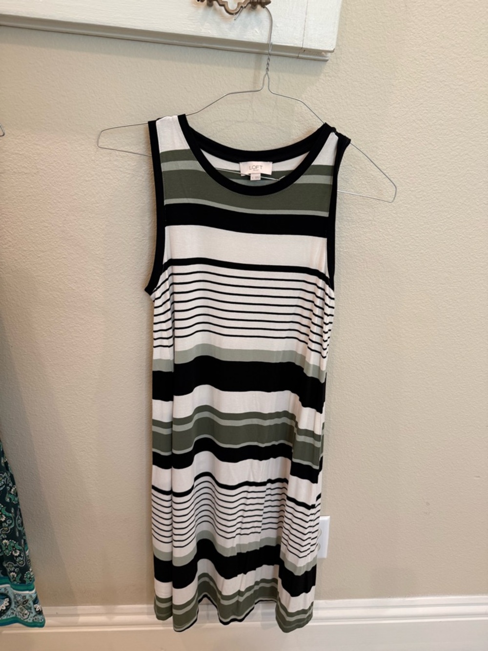 LOFT Striped Knit Tank Dress in Black, White & Olive